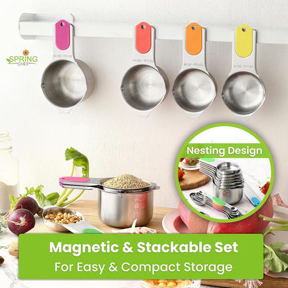 Magnetic Measuring Cups & Spoons Set of 15, Patented, Black | Stackable Stainless Steel Measuring Cups & Heavy Duty Metal Measuring Spoons with Levelers for Dry & Liquid Ingredients
