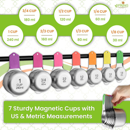 Magnetic Measuring Cups & Spoons Set of 15, Patented, Black | Stackable Stainless Steel Measuring Cups & Heavy Duty Metal Measuring Spoons with Levelers for Dry & Liquid Ingredients