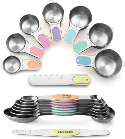 Magnetic Measuring Cups & Spoons Set of 15, Patented, Black | Stackable Stainless Steel Measuring Cups & Heavy Duty Metal Measuring Spoons with Levelers for Dry & Liquid Ingredients