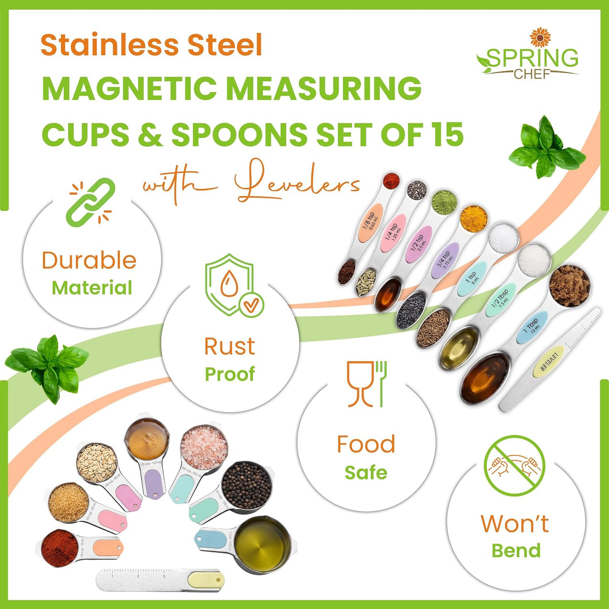 Magnetic Measuring Cups & Spoons Set of 15, Patented, Black | Stackable Stainless Steel Measuring Cups & Heavy Duty Metal Measuring Spoons with Levelers for Dry & Liquid Ingredients