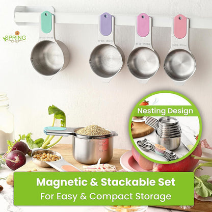 Magnetic Measuring Cups & Spoons Set of 15, Patented, Black | Stackable Stainless Steel Measuring Cups & Heavy Duty Metal Measuring Spoons with Levelers for Dry & Liquid Ingredients