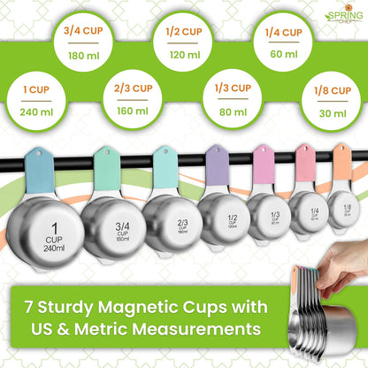 Magnetic Measuring Cups & Spoons Set of 15, Patented, Black | Stackable Stainless Steel Measuring Cups & Heavy Duty Metal Measuring Spoons with Levelers for Dry & Liquid Ingredients