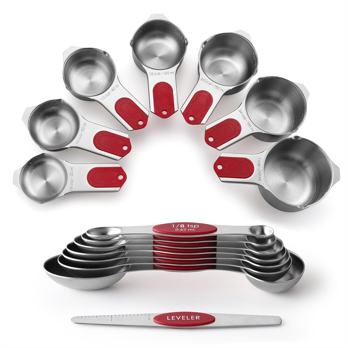 Magnetic Measuring Cups & Spoons Set of 15, Patented, Black | Stackable Stainless Steel Measuring Cups & Heavy Duty Metal Measuring Spoons with Levelers for Dry & Liquid Ingredients