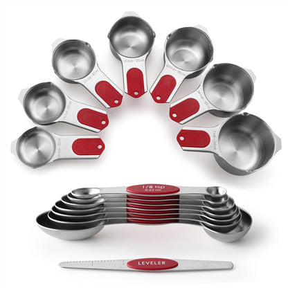 Magnetic Measuring Cups & Spoons Set of 15, Patented, Black | Stackable Stainless Steel Measuring Cups & Heavy Duty Metal Measuring Spoons with Levelers for Dry & Liquid Ingredients