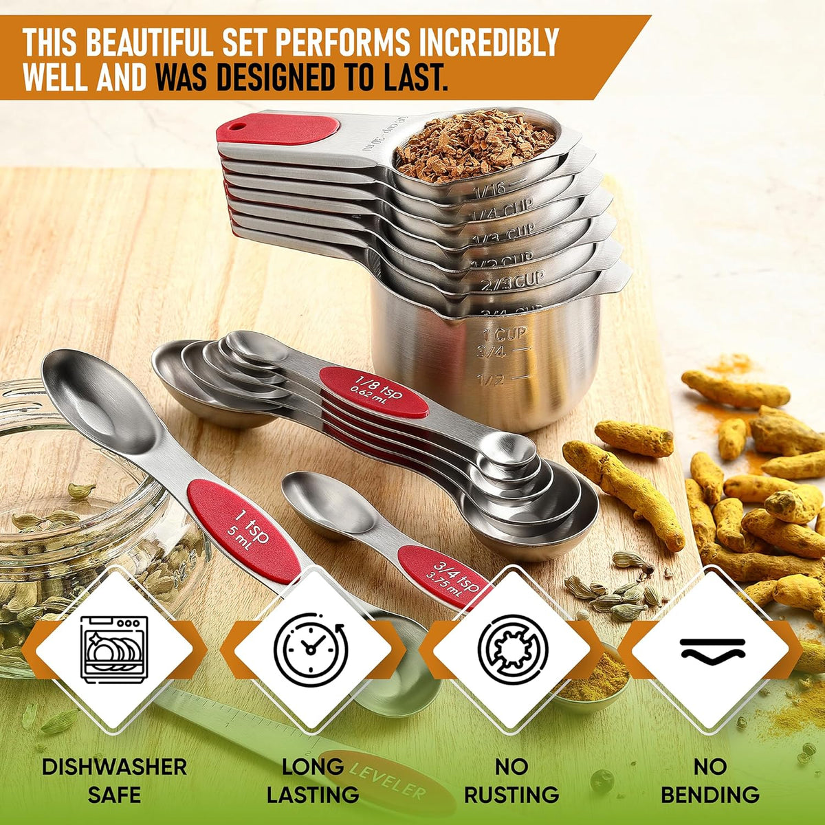 Magnetic Measuring Cups & Spoons Set of 15, Patented, Black | Stackable Stainless Steel Measuring Cups & Heavy Duty Metal Measuring Spoons with Levelers for Dry & Liquid Ingredients