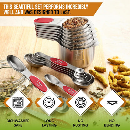 Magnetic Measuring Cups & Spoons Set of 15, Patented, Black | Stackable Stainless Steel Measuring Cups & Heavy Duty Metal Measuring Spoons with Levelers for Dry & Liquid Ingredients