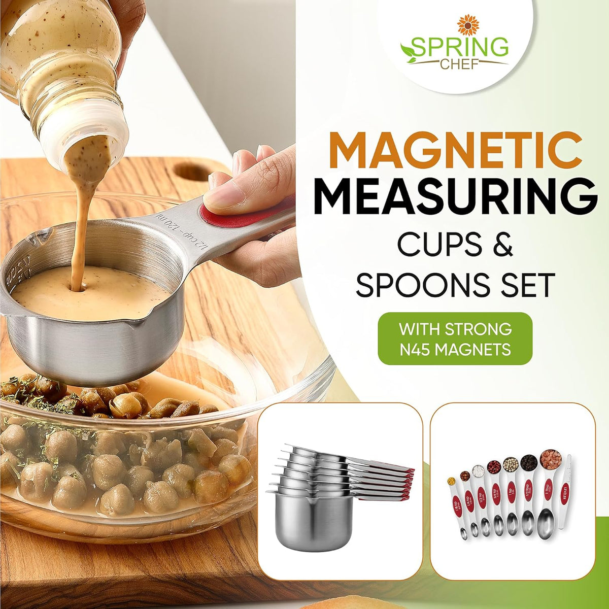 Magnetic Measuring Cups & Spoons Set of 15, Patented, Black | Stackable Stainless Steel Measuring Cups & Heavy Duty Metal Measuring Spoons with Levelers for Dry & Liquid Ingredients