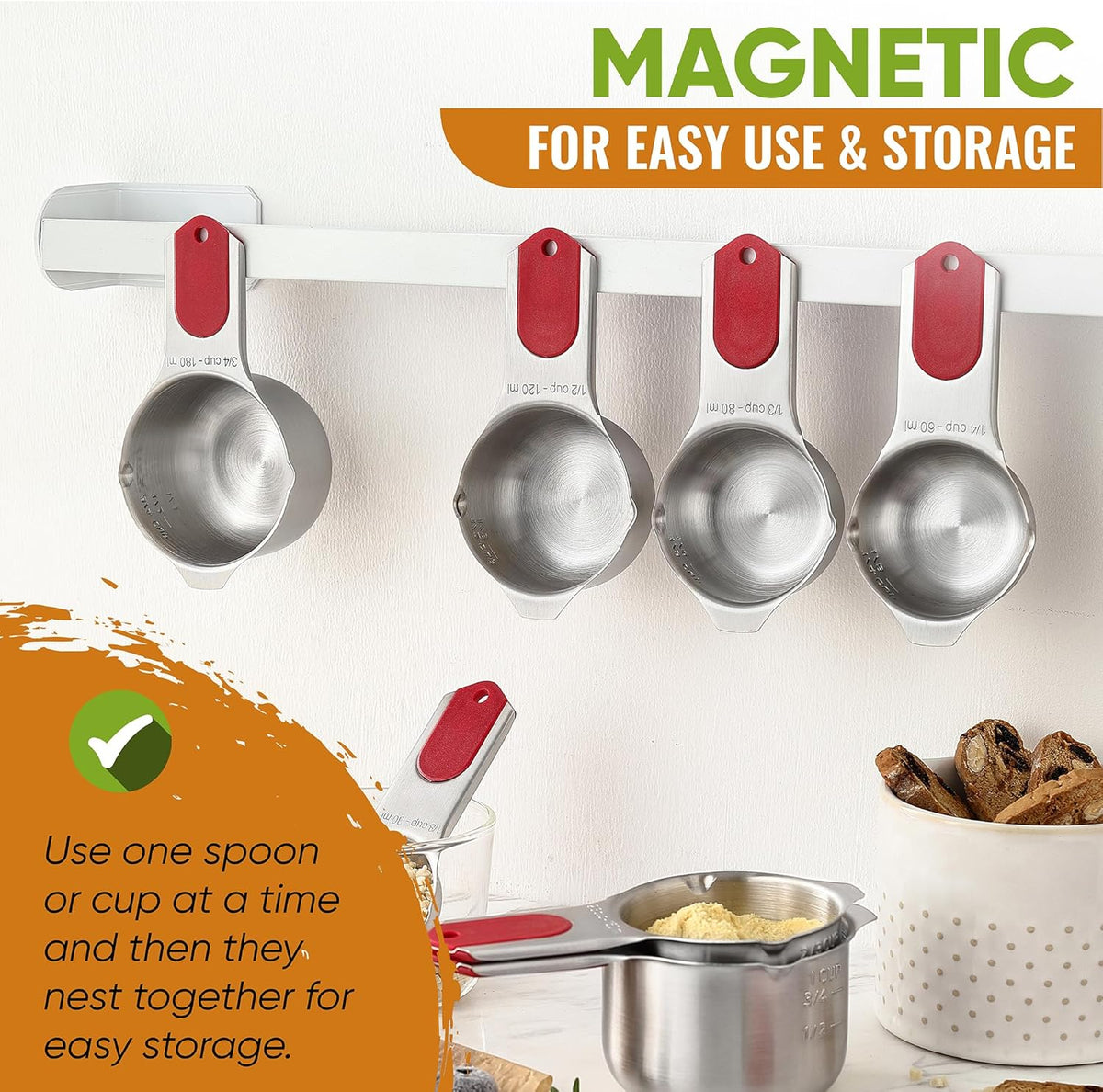Magnetic Measuring Cups & Spoons Set of 15, Patented, Black | Stackable Stainless Steel Measuring Cups & Heavy Duty Metal Measuring Spoons with Levelers for Dry & Liquid Ingredients
