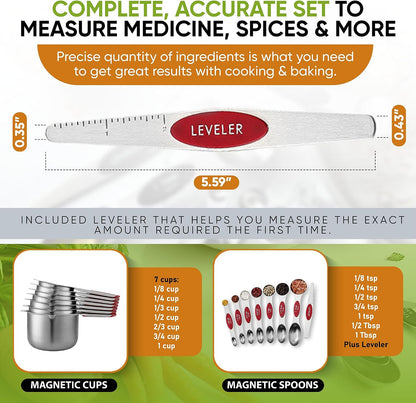 Magnetic Measuring Cups & Spoons Set of 15, Patented, Black | Stackable Stainless Steel Measuring Cups & Heavy Duty Metal Measuring Spoons with Levelers for Dry & Liquid Ingredients