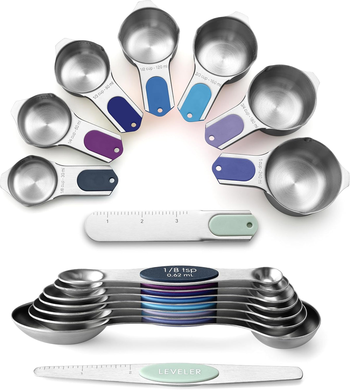 Magnetic Measuring Cups & Spoons Set of 15, Patented, Black | Stackable Stainless Steel Measuring Cups & Heavy Duty Metal Measuring Spoons with Levelers for Dry & Liquid Ingredients