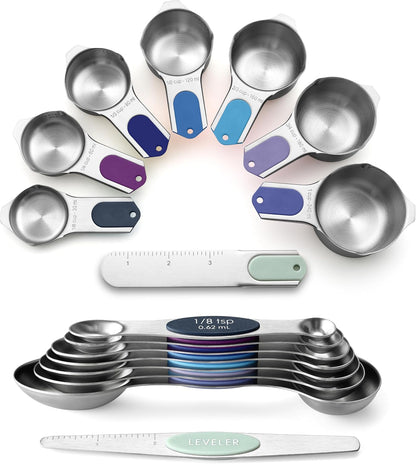 Magnetic Measuring Cups & Spoons Set of 15, Patented, Black | Stackable Stainless Steel Measuring Cups & Heavy Duty Metal Measuring Spoons with Levelers for Dry & Liquid Ingredients