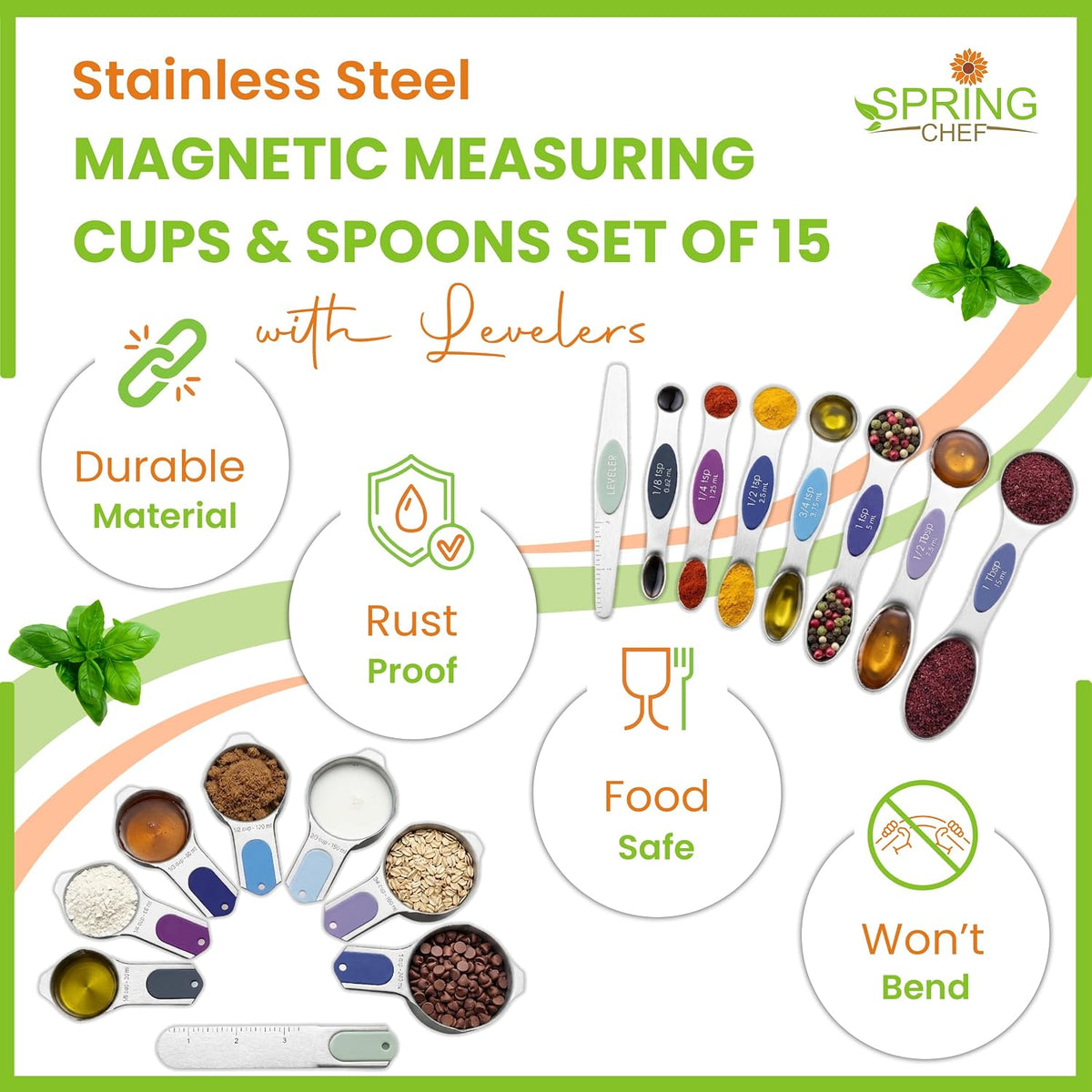 Magnetic Measuring Cups & Spoons Set of 15, Patented, Black | Stackable Stainless Steel Measuring Cups & Heavy Duty Metal Measuring Spoons with Levelers for Dry & Liquid Ingredients