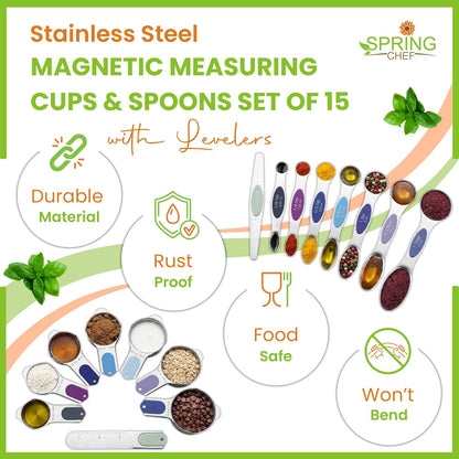 Magnetic Measuring Cups & Spoons Set of 15, Patented, Black | Stackable Stainless Steel Measuring Cups & Heavy Duty Metal Measuring Spoons with Levelers for Dry & Liquid Ingredients