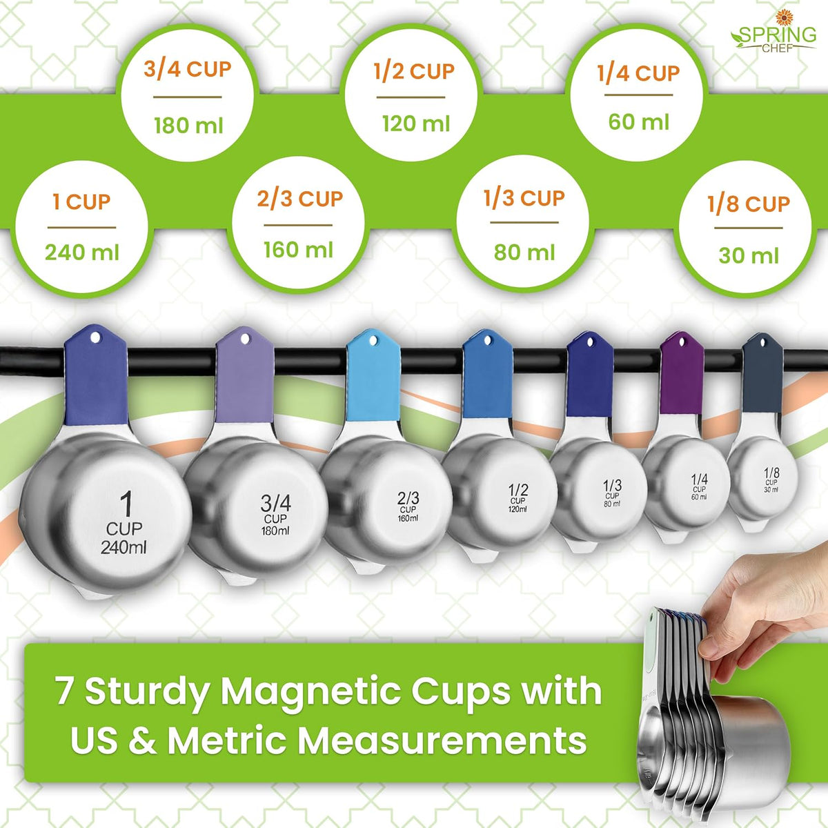 Magnetic Measuring Cups & Spoons Set of 15, Patented, Black | Stackable Stainless Steel Measuring Cups & Heavy Duty Metal Measuring Spoons with Levelers for Dry & Liquid Ingredients