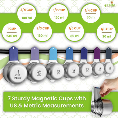 Magnetic Measuring Cups & Spoons Set of 15, Patented, Black | Stackable Stainless Steel Measuring Cups & Heavy Duty Metal Measuring Spoons with Levelers for Dry & Liquid Ingredients