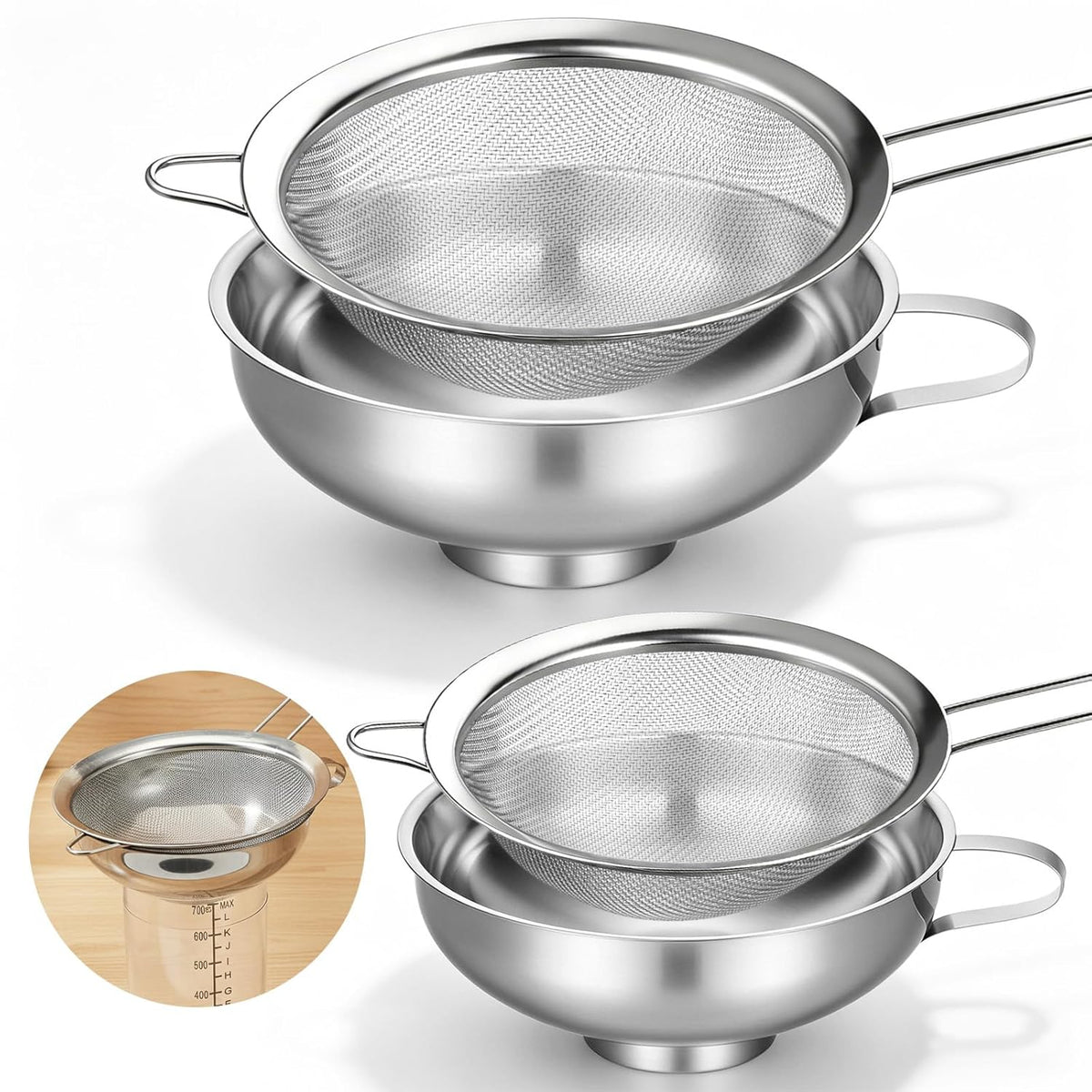 4 Pieces Stainless Steel Funnels with Fine Mesh Strainer