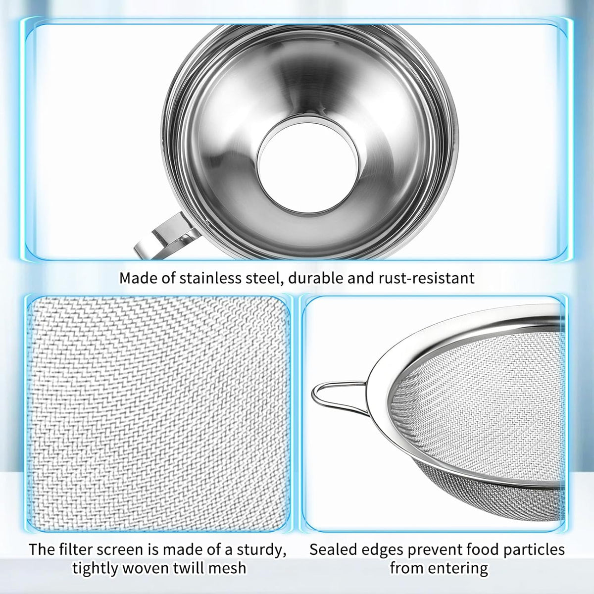4 Pieces Stainless Steel Funnels with Fine Mesh Strainer