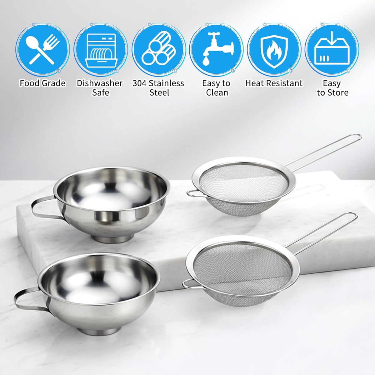 4 Pieces Stainless Steel Funnels with Fine Mesh Strainer
