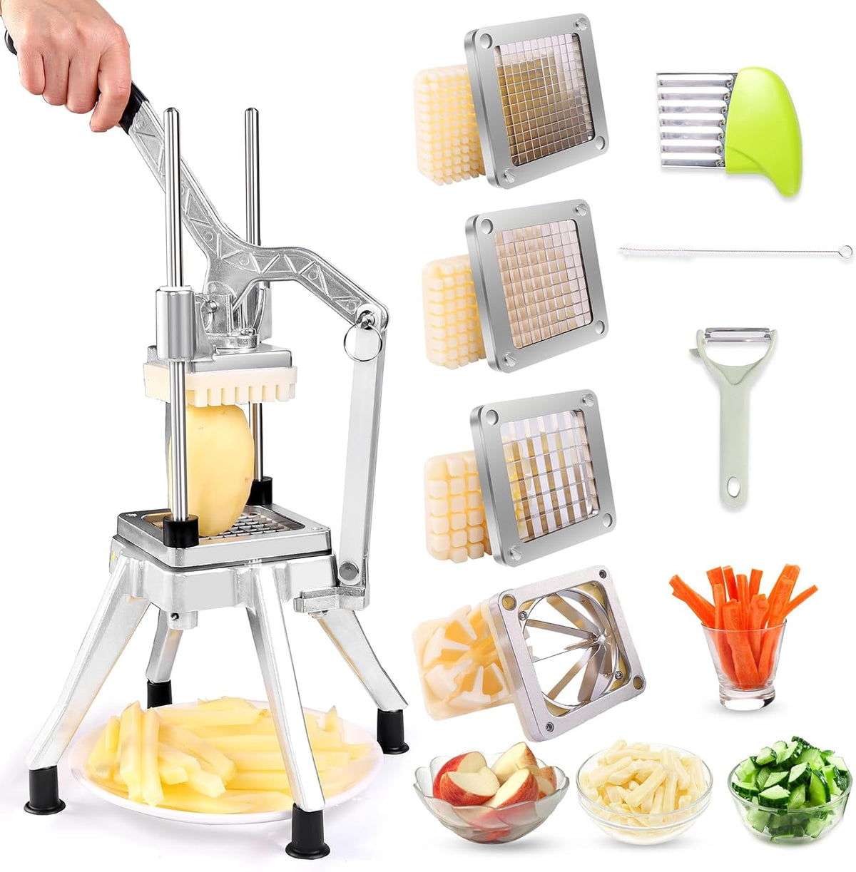 French Fry Cutter with 4 Blades(1/4", 3/8", 1/2", 8-wedge slice)