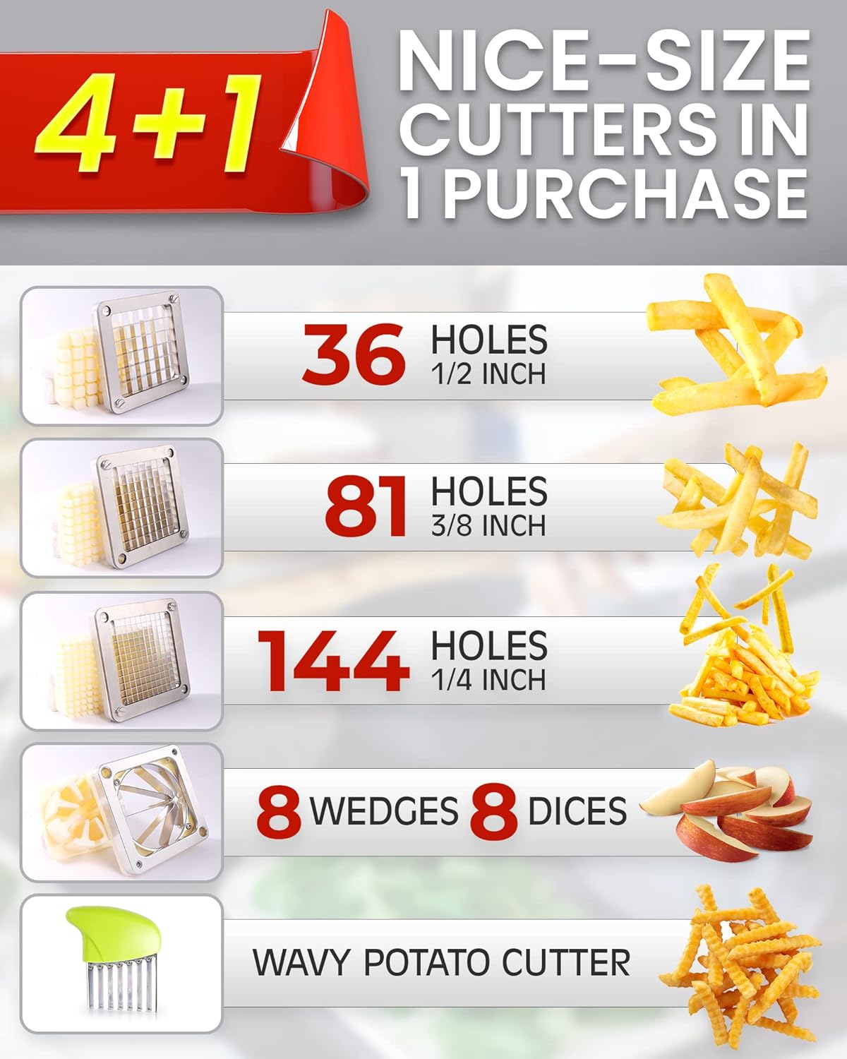 French Fry Cutter with 4 Blades(1/4", 3/8", 1/2", 8-wedge slice)