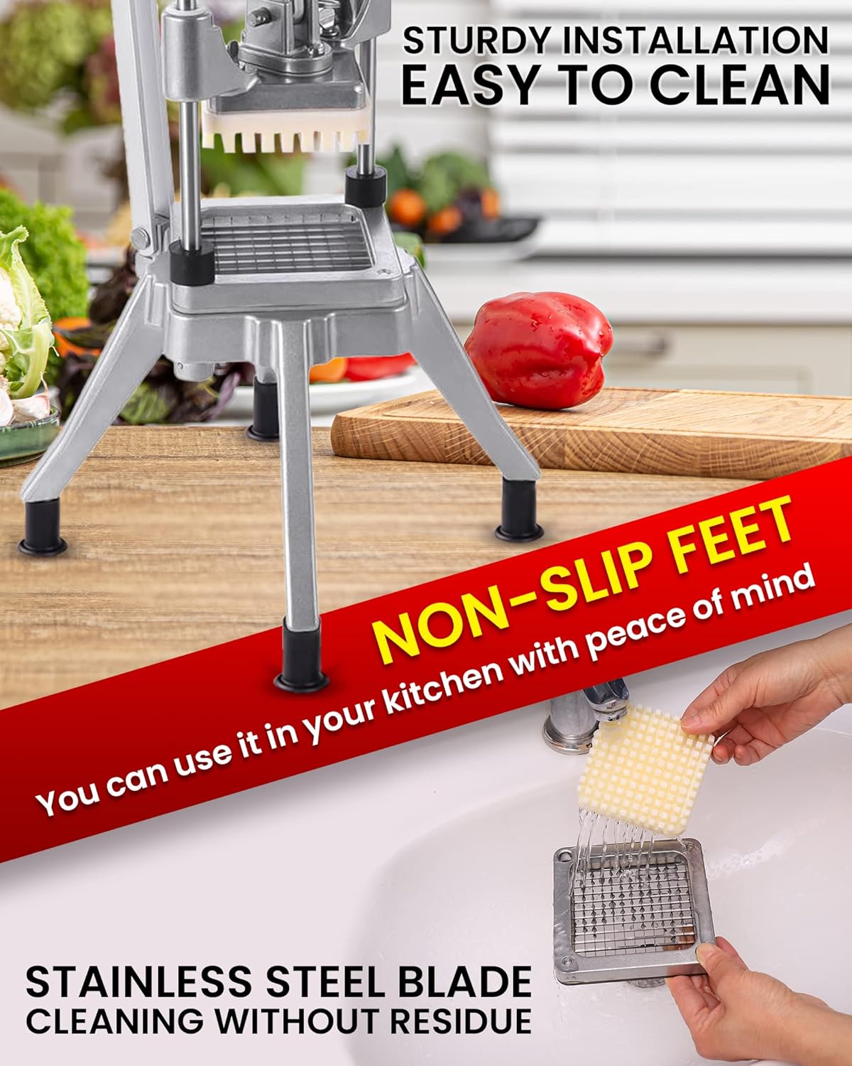 French Fry Cutter with 4 Blades(1/4", 3/8", 1/2", 8-wedge slice)