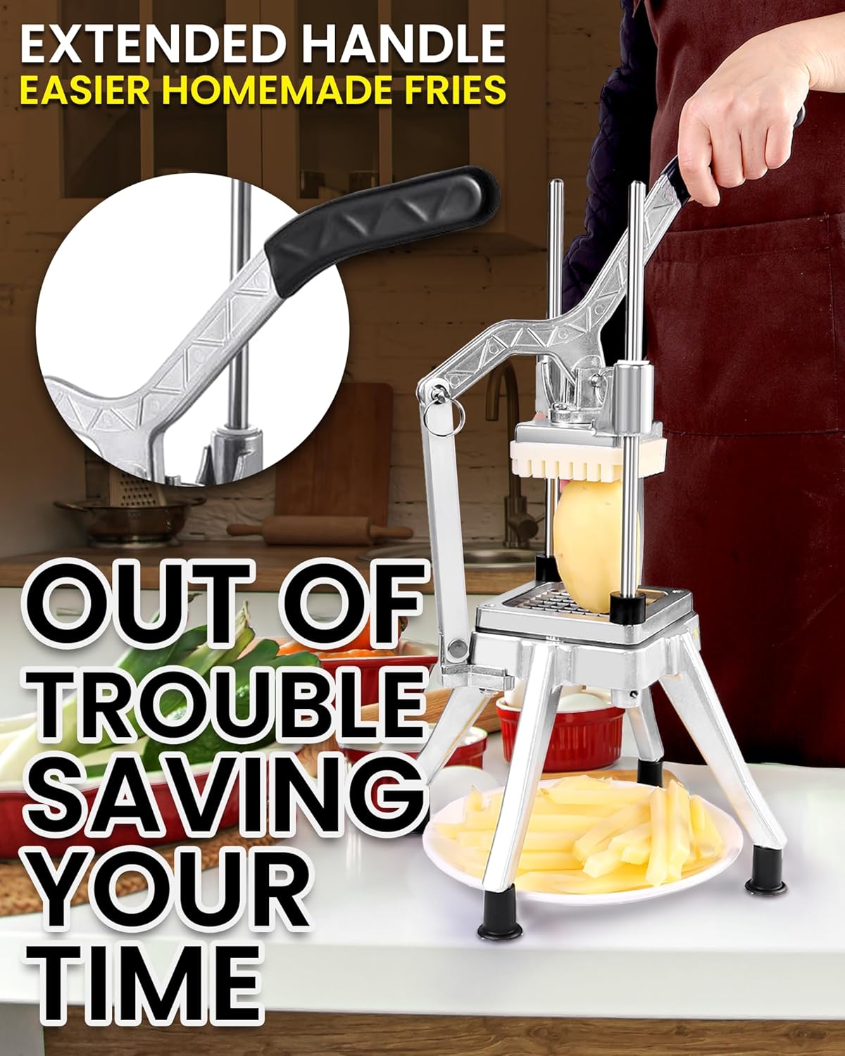 French Fry Cutter with 4 Blades(1/4", 3/8", 1/2", 8-wedge slice)