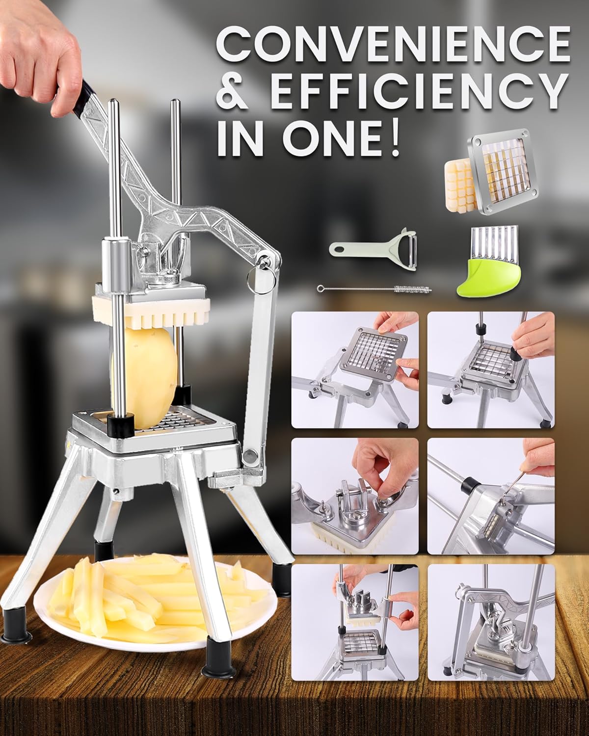 French Fry Cutter with 4 Blades(1/4", 3/8", 1/2", 8-wedge slice)