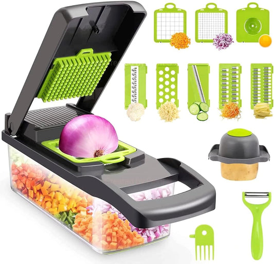 All-in-1 Vegetable Chopper, Onion Chopper, Mandoline Slicer & Cheese Grater and Veggie Dicer Grey & Green