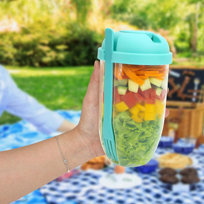 Salad Shaker Cup Container for Lunch – Portable Fresh Salad Cup Keep Fit Food Dressing Bottle Container, Breakfast Vegetable Fruits Jar Holder to Go Meal for Lunch, Green Pods with Lid and Fork