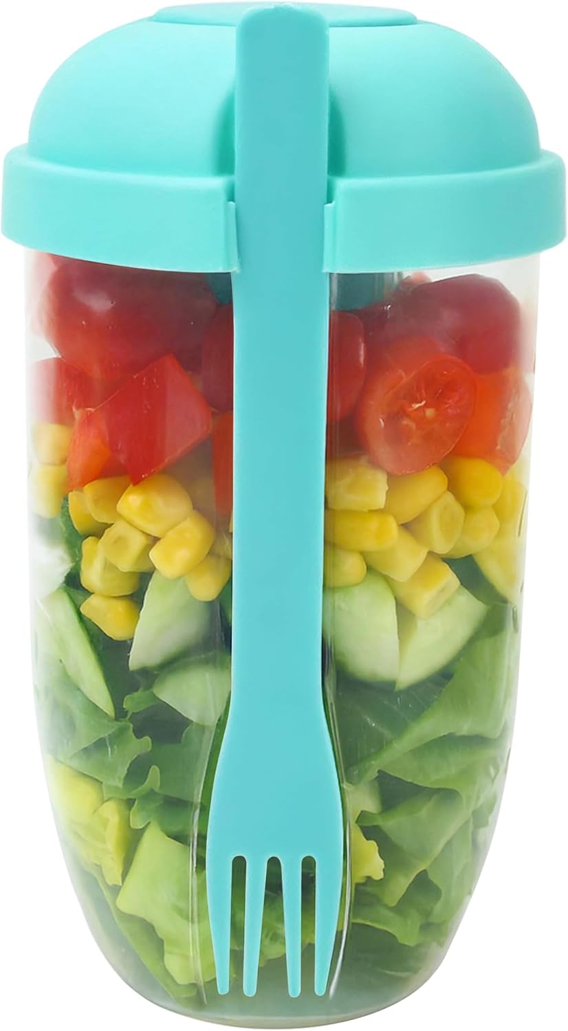 Salad Shaker Cup Container for Lunch – Portable Fresh Salad Cup Keep Fit Food Dressing Bottle Container, Breakfast Vegetable Fruits Jar Holder to Go Meal for Lunch, Green Pods with Lid and Fork