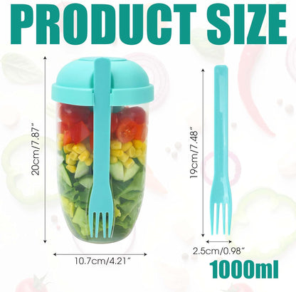 Salad Shaker Cup Container for Lunch – Portable Fresh Salad Cup Keep Fit Food Dressing Bottle Container, Breakfast Vegetable Fruits Jar Holder to Go Meal for Lunch, Green Pods with Lid and Fork