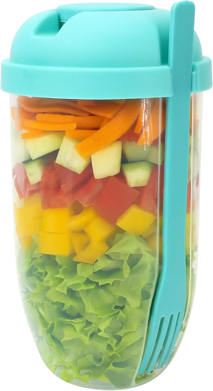 Salad Shaker Cup Container for Lunch – Portable Fresh Salad Cup Keep Fit Food Dressing Bottle Container, Breakfast Vegetable Fruits Jar Holder to Go Meal for Lunch, Green Pods with Lid and Fork
