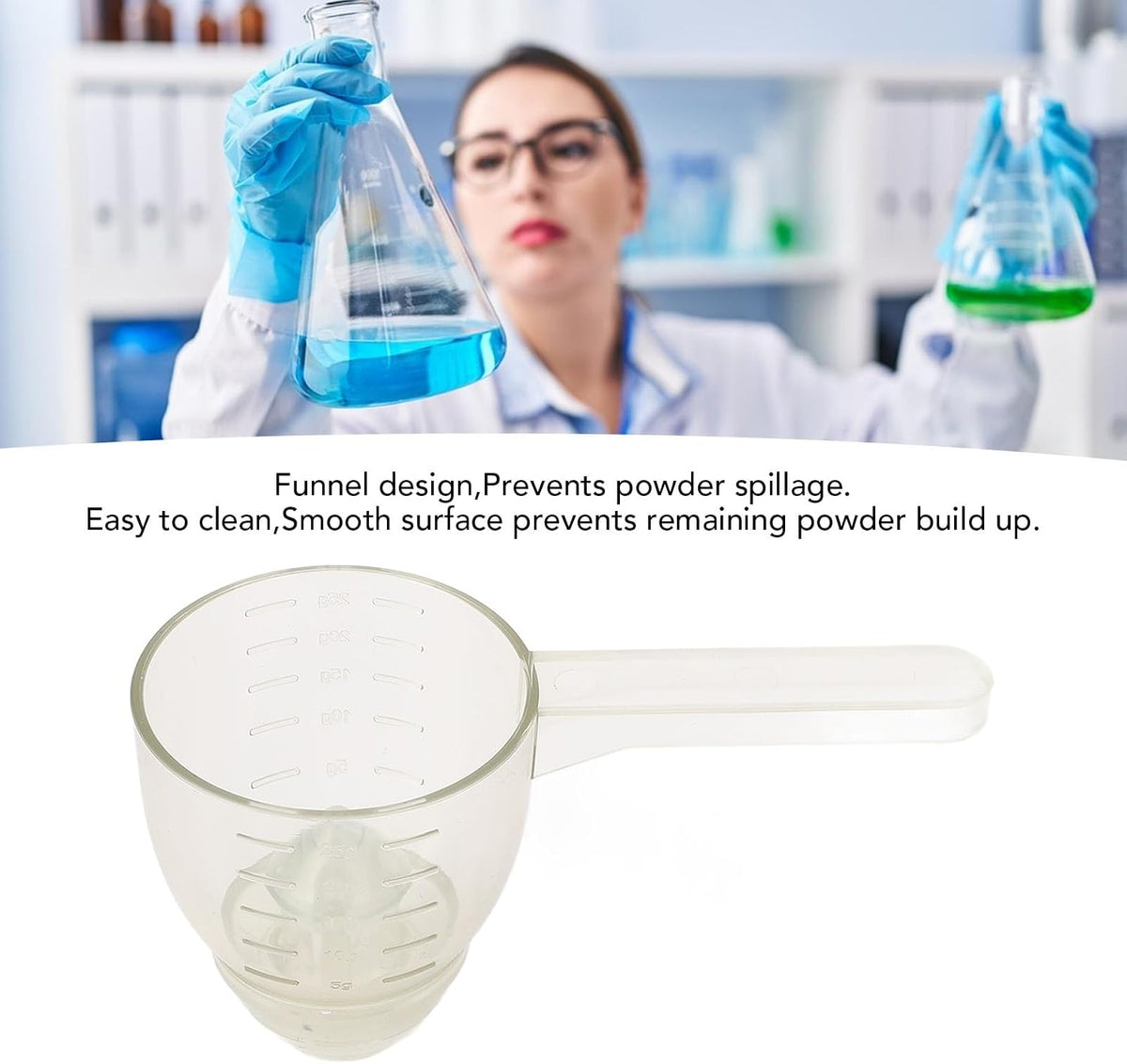 Powder Measuring Scoop, ABS Multifunctional Spoon with Funnel and Scale, Suitable for Supplements, Spill Proof Powder, Measure for Portion Control and Easy Cleaning (White)