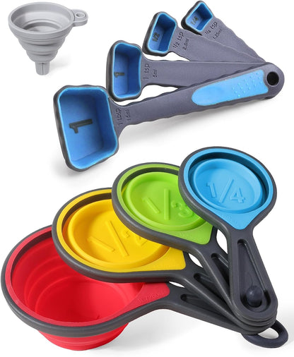 Collapsible Measuring Cups and Spoons Set with Funnel, 9-Piece, Silicone