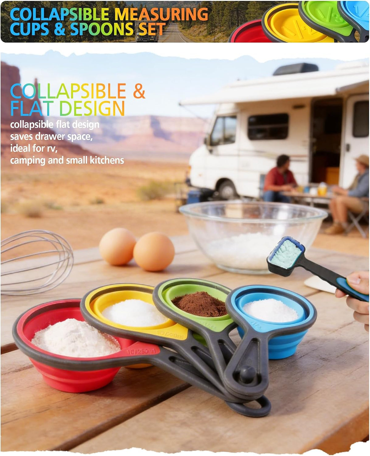 Collapsible Measuring Cups and Spoons Set with Funnel, 9-Piece, Silicone