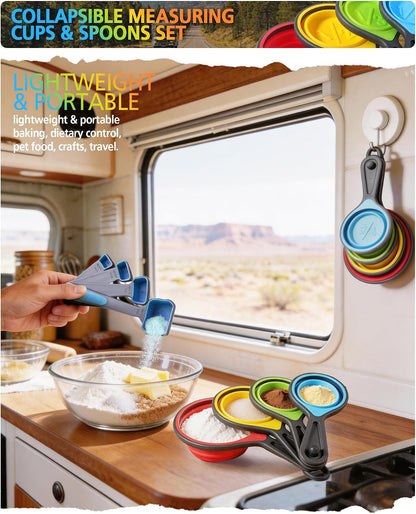 Collapsible Measuring Cups and Spoons Set with Funnel, 9-Piece, Silicone