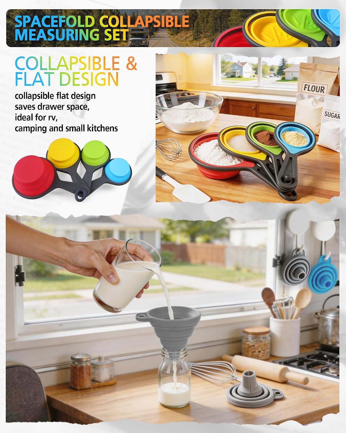 Collapsible Measuring Cups and Spoons Set with Funnel, 9-Piece, Silicone