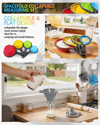 Collapsible Measuring Cups and Spoons Set with Funnel, 9-Piece, Silicone