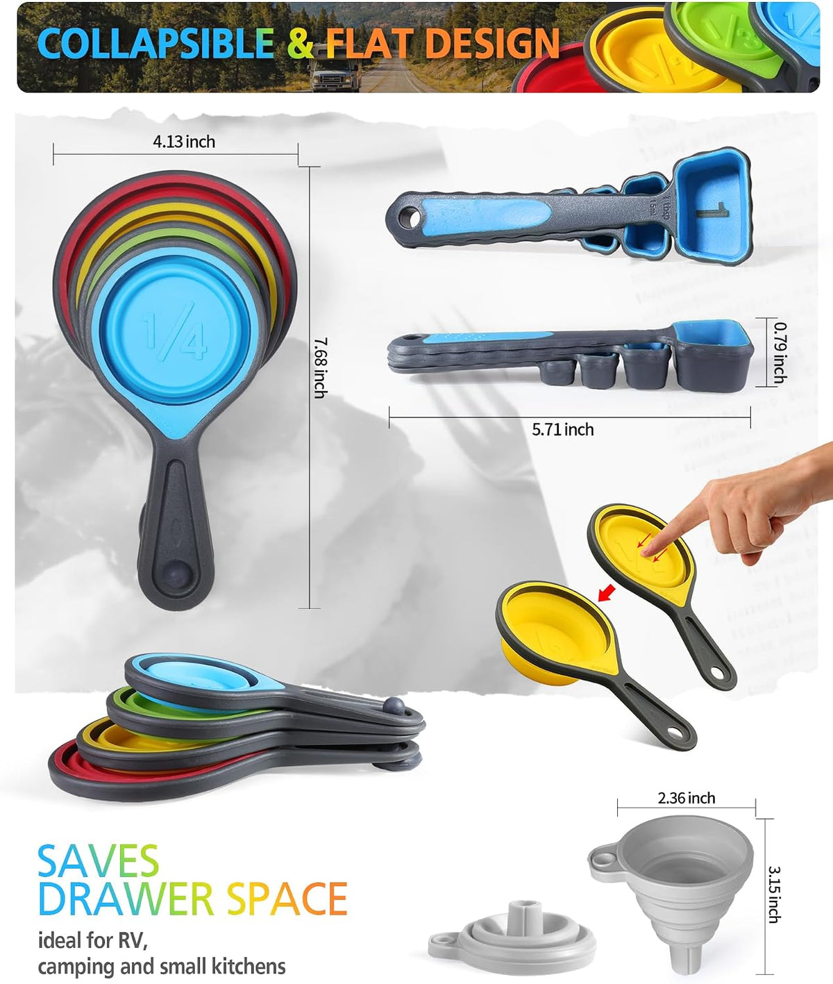 Collapsible Measuring Cups and Spoons Set with Funnel, 9-Piece, Silicone
