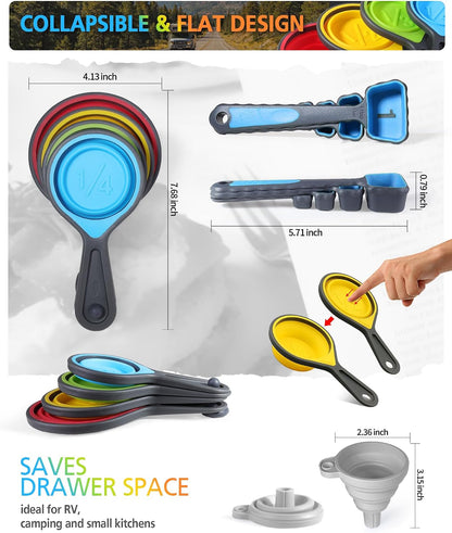 Collapsible Measuring Cups and Spoons Set with Funnel, 9-Piece, Silicone