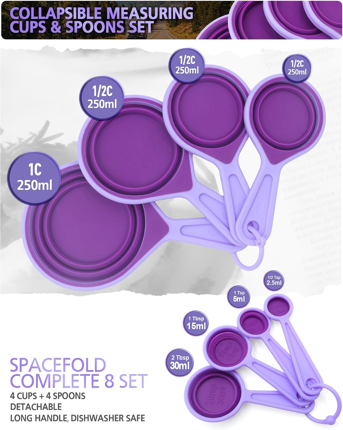 Collapsible Measuring Cups and Spoons Set with Funnel, 9-Piece, Silicone