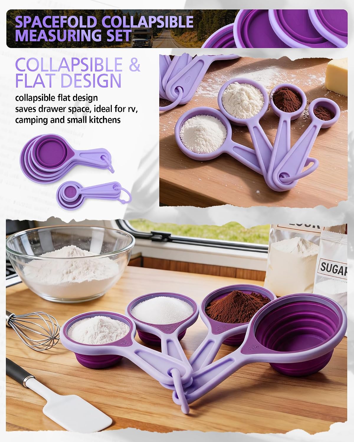 Collapsible Measuring Cups and Spoons Set with Funnel, 9-Piece, Silicone