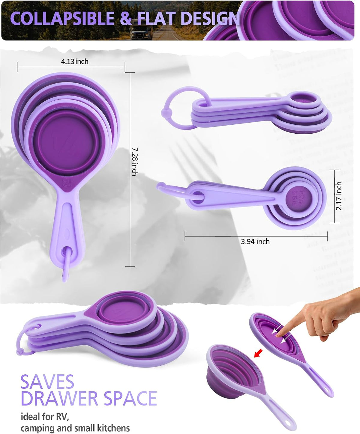 Collapsible Measuring Cups and Spoons Set with Funnel, 9-Piece, Silicone