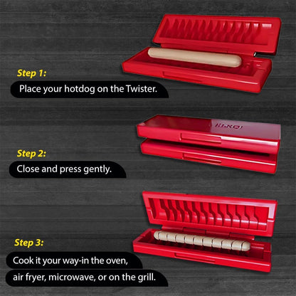 Hot Dog Spiral Slicer & Twister + 2 Skewers – Curly Hot Dog & Sausage Cutter for Grill, Air Fryer, Oven & Microwave – No-Knife BBQ Kitchen Gadget, Fun for Kids & Family Cookouts (Red)