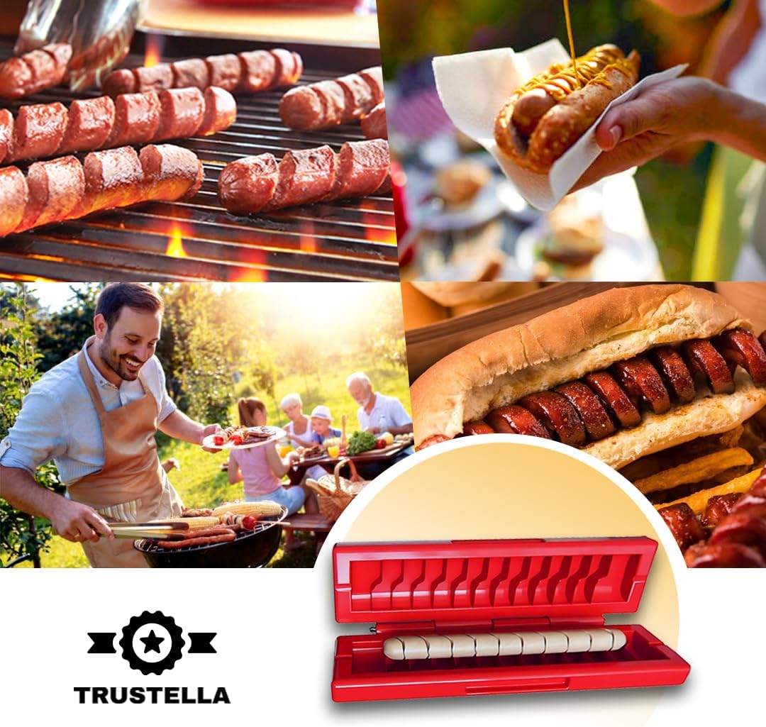 Hot Dog Spiral Slicer & Twister + 2 Skewers – Curly Hot Dog & Sausage Cutter for Grill, Air Fryer, Oven & Microwave – No-Knife BBQ Kitchen Gadget, Fun for Kids & Family Cookouts (Red)