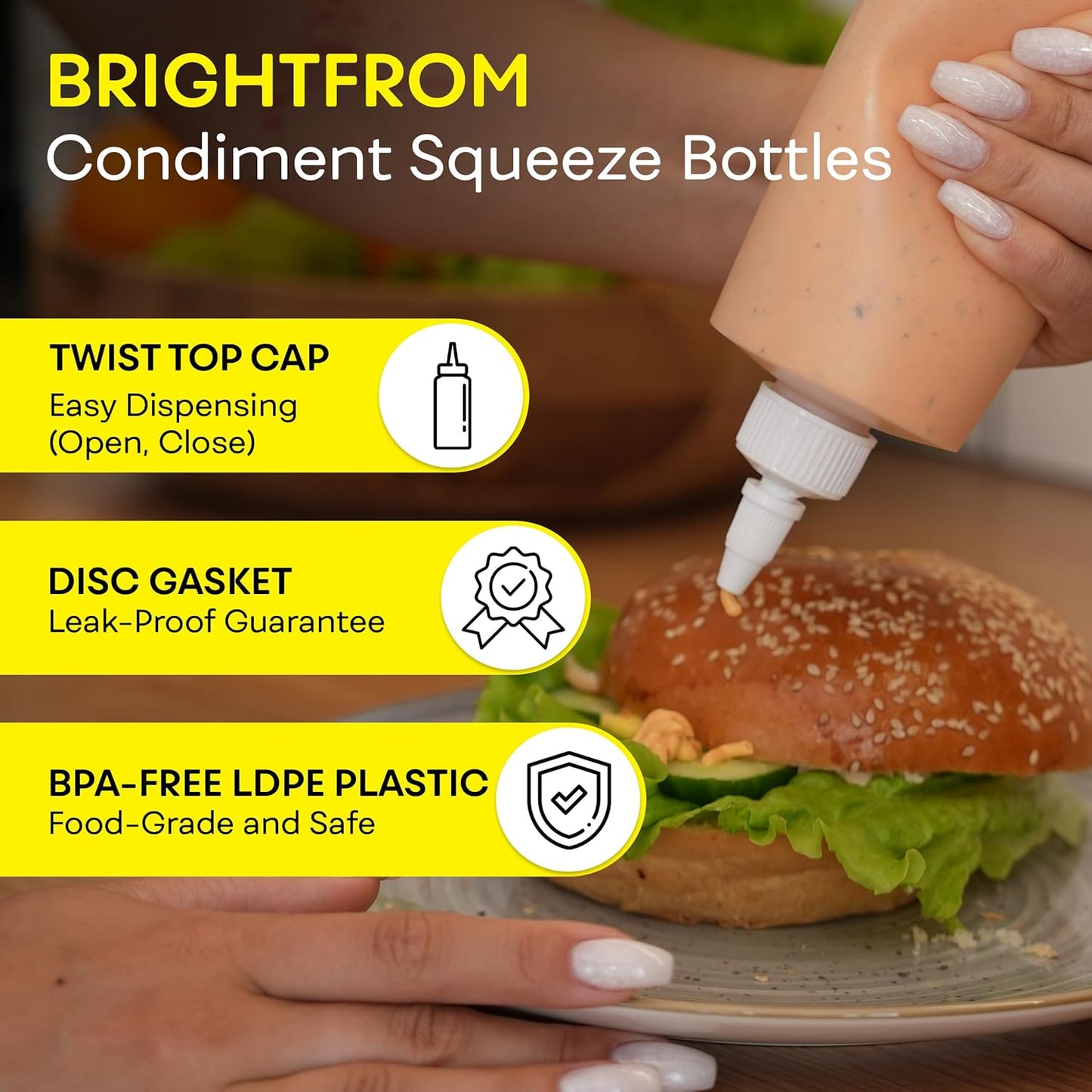 Condiment Squeeze Bottles, 16 OZ Empty Squirt Bottle with Twist Top Cap, Leak Proof - Great for Ketchup, Mustard, Syrup, Sauces, Dressing, Oil, Arts and Crafts, BPA FREE Plastic - 2 PACK