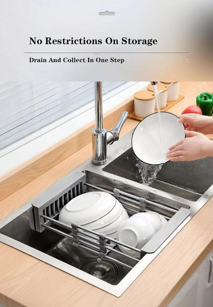 Dish Drying Rack, Kitchen Sink Colander, Expandable Colander, Stainless Steel Sink Strainer with Adjustable Boom, Suitable for Vegetables and Fruits