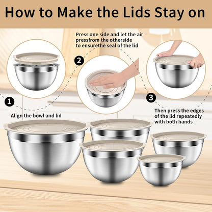 Mixing Bowls with Airtight Lids Set, 5 PCS Stainless Steel Khaki