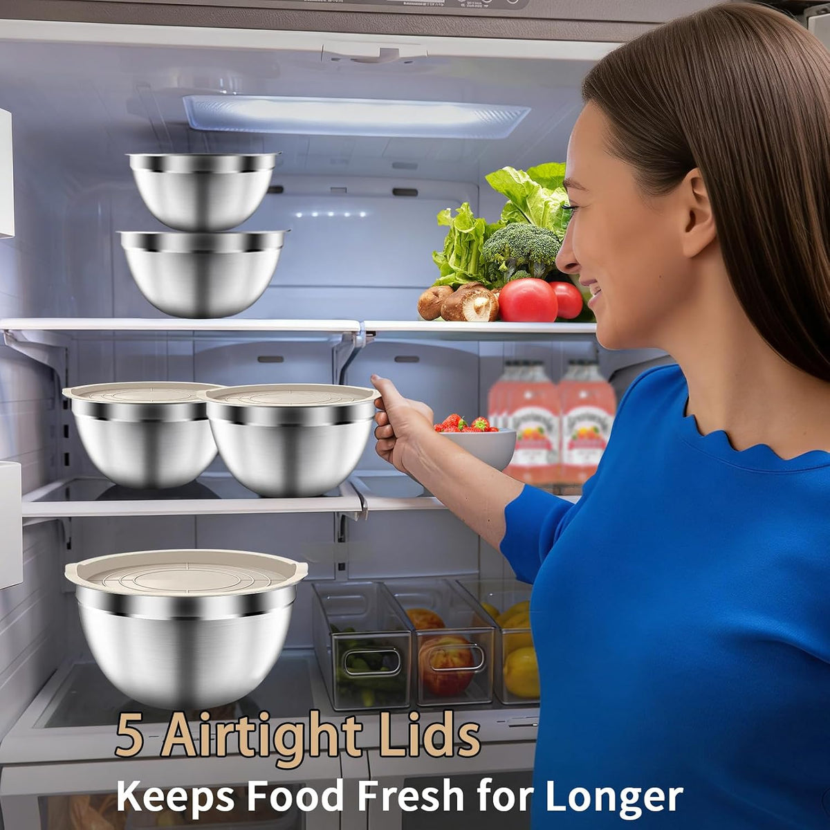Mixing Bowls with Airtight Lids Set, 5 PCS Stainless Steel Khaki