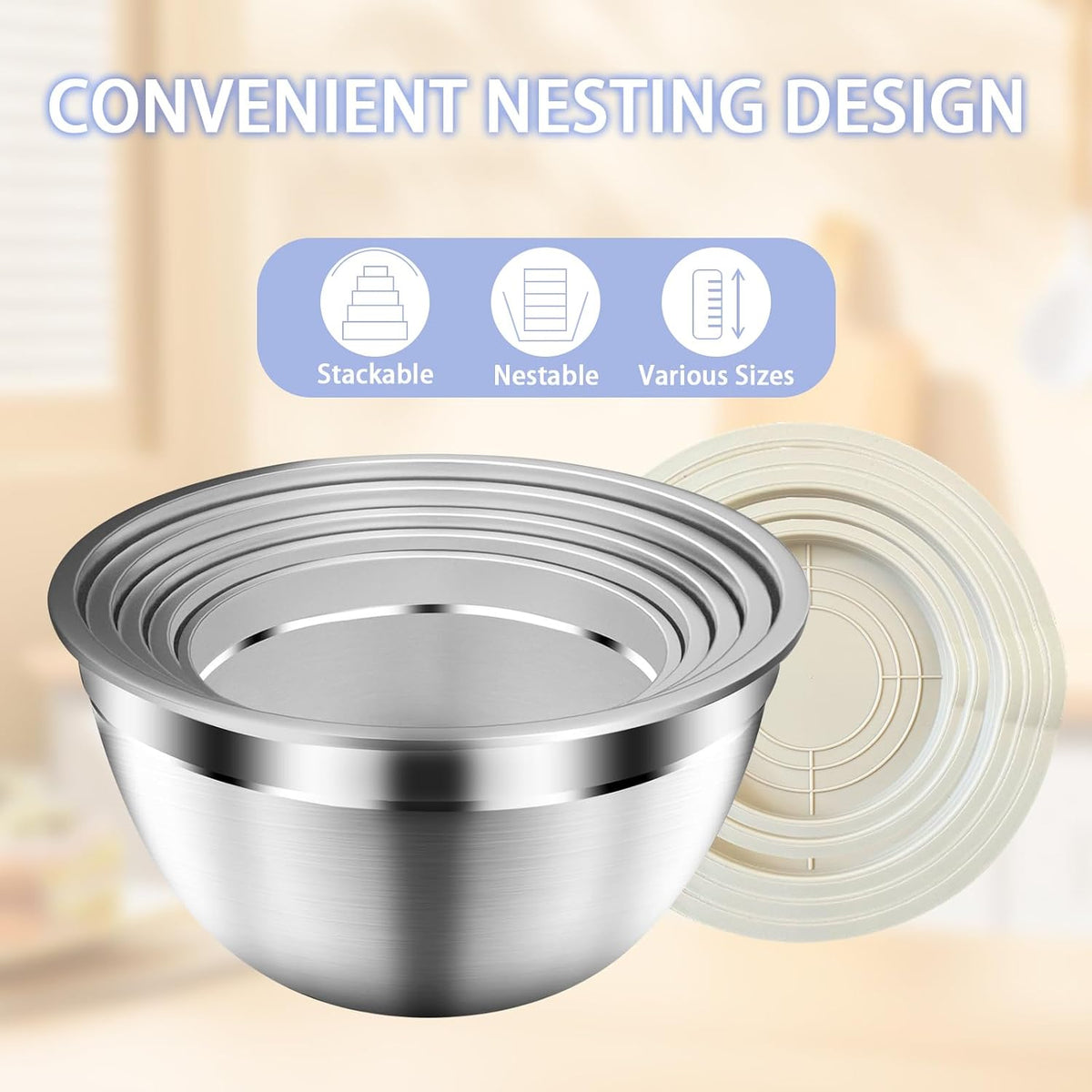Mixing Bowls with Airtight Lids Set, 5 PCS Stainless Steel Khaki